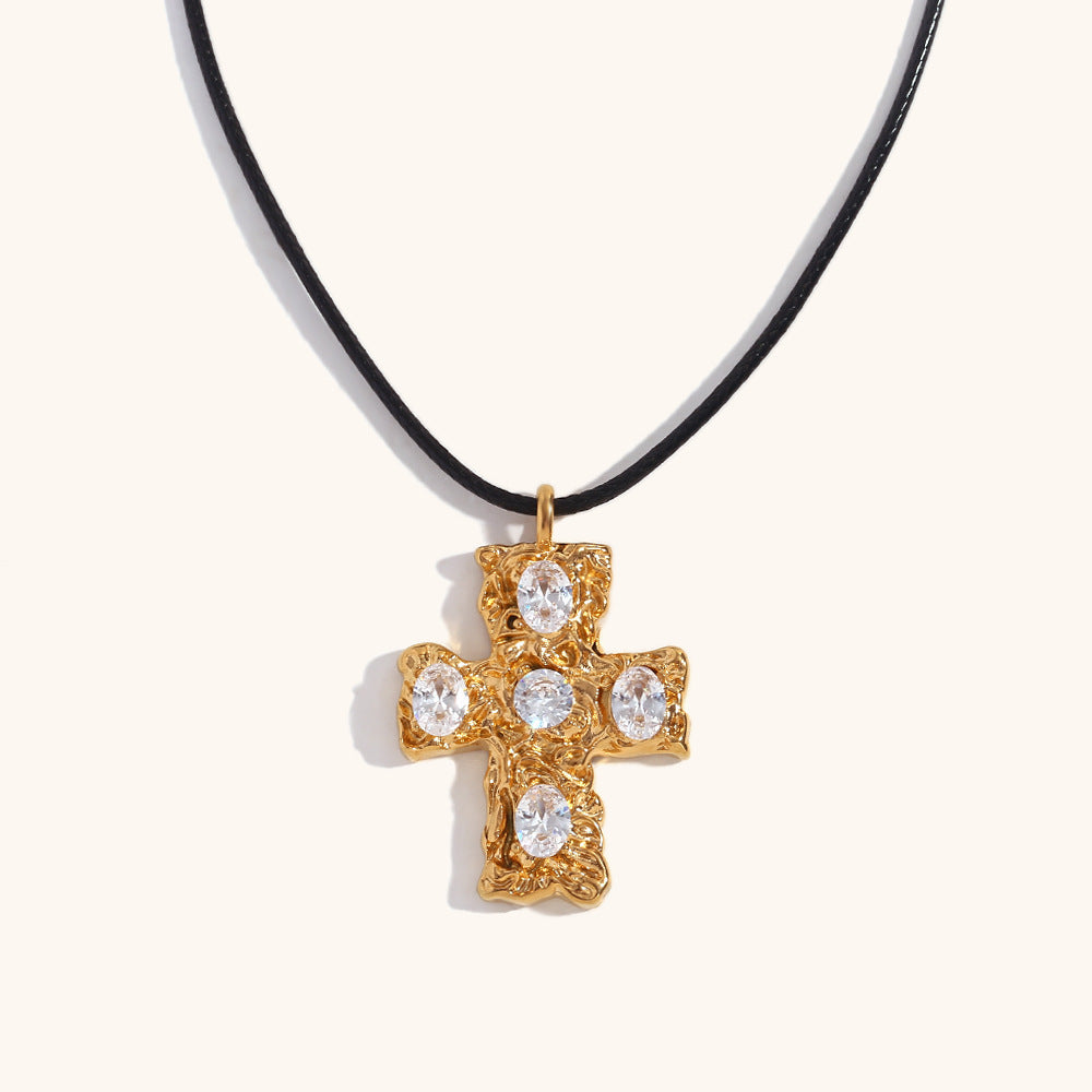 Cathedral Hammered 18K Gold Cross with Natural Gems