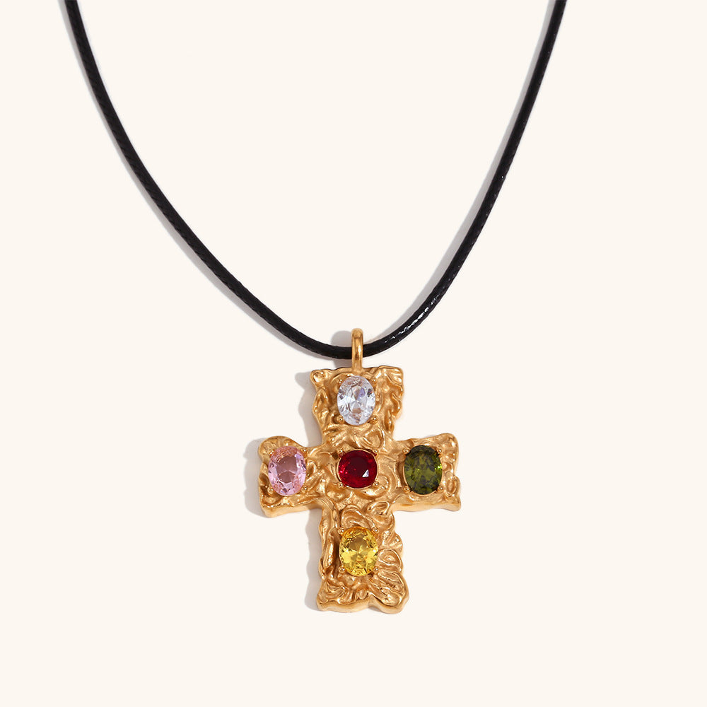Cathedral Hammered 18K Gold Cross with Natural Gems