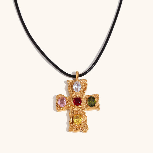 Cathedral Hammered 18K Gold Cross with Natural Gems