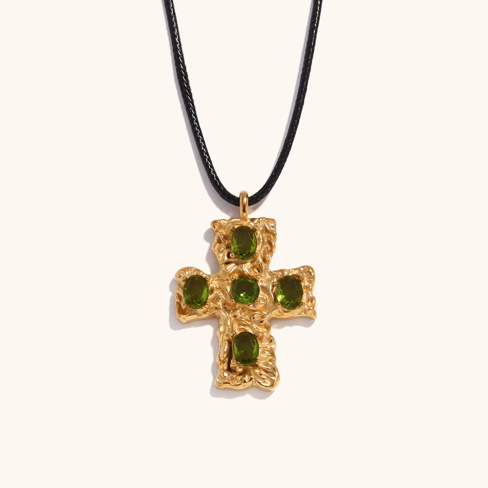 Cathedral Hammered 18K Gold Cross with Natural Gems
