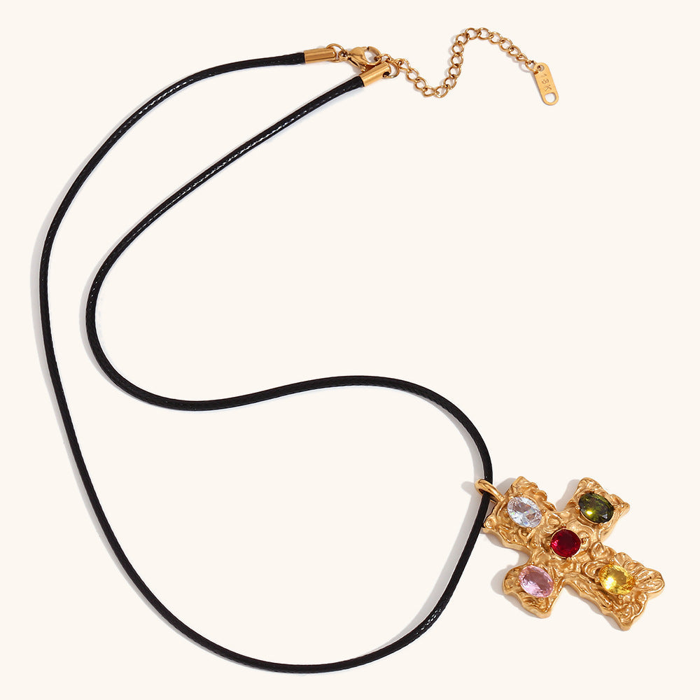 Cathedral Hammered 18K Gold Cross with Natural Gems